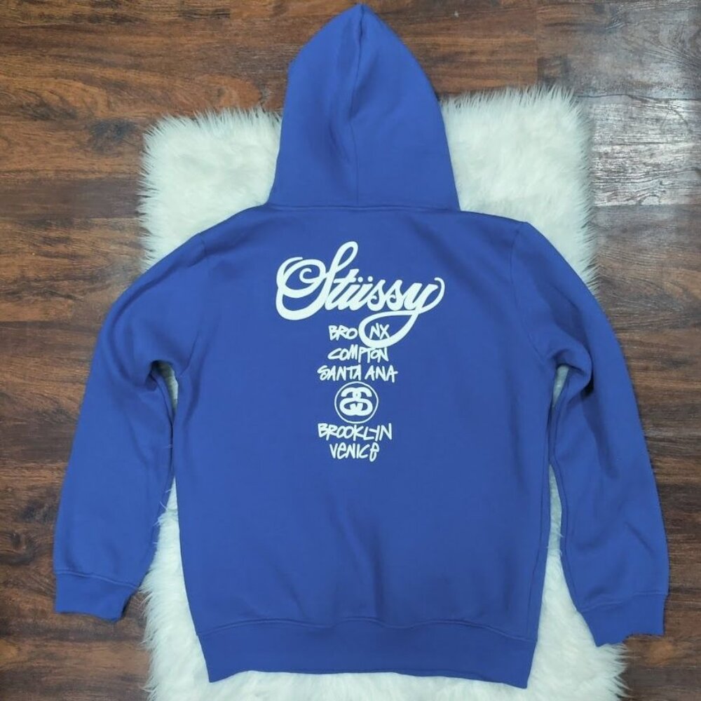 Stussy Loose Fit Men Medium Streetwear Cities Pullover Graphic Hoodie Blue White - Picture 5 of 8
